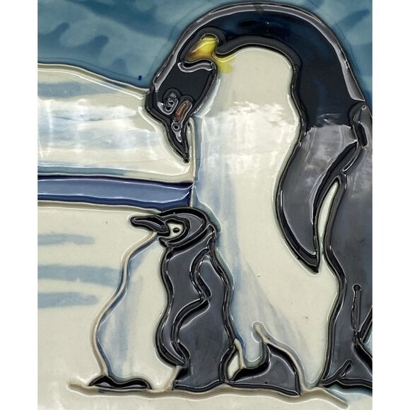 Art Tile Decorative Trivet Hanging Wall Penguins raise relief handpainted 8 x 8 - Picture 7 of 10